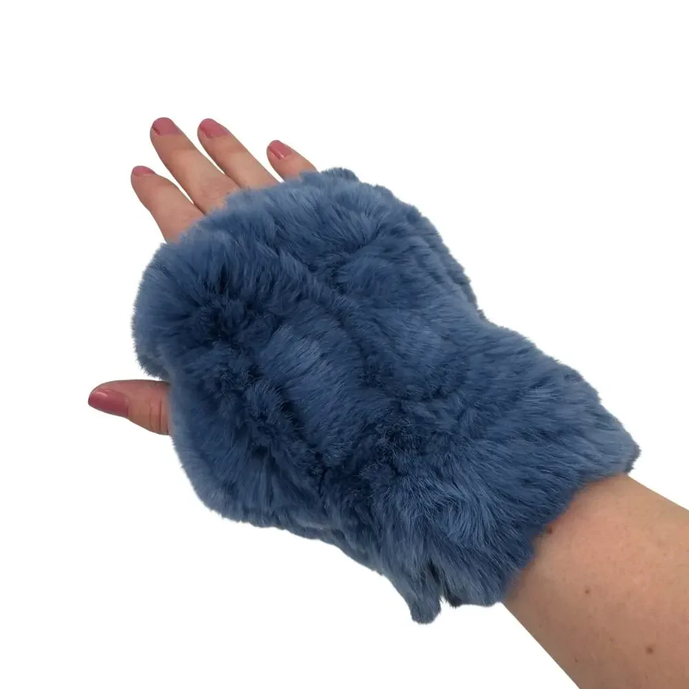 NEW Linda Roberts Rex Rabbit Fur Hand Warmers Blue Fingerless